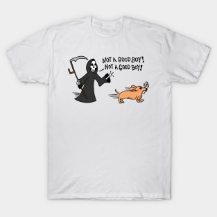 Dachshund Dog Stealing A Grim Reapers Bone Hand / Not A Good Boy T-Shirt